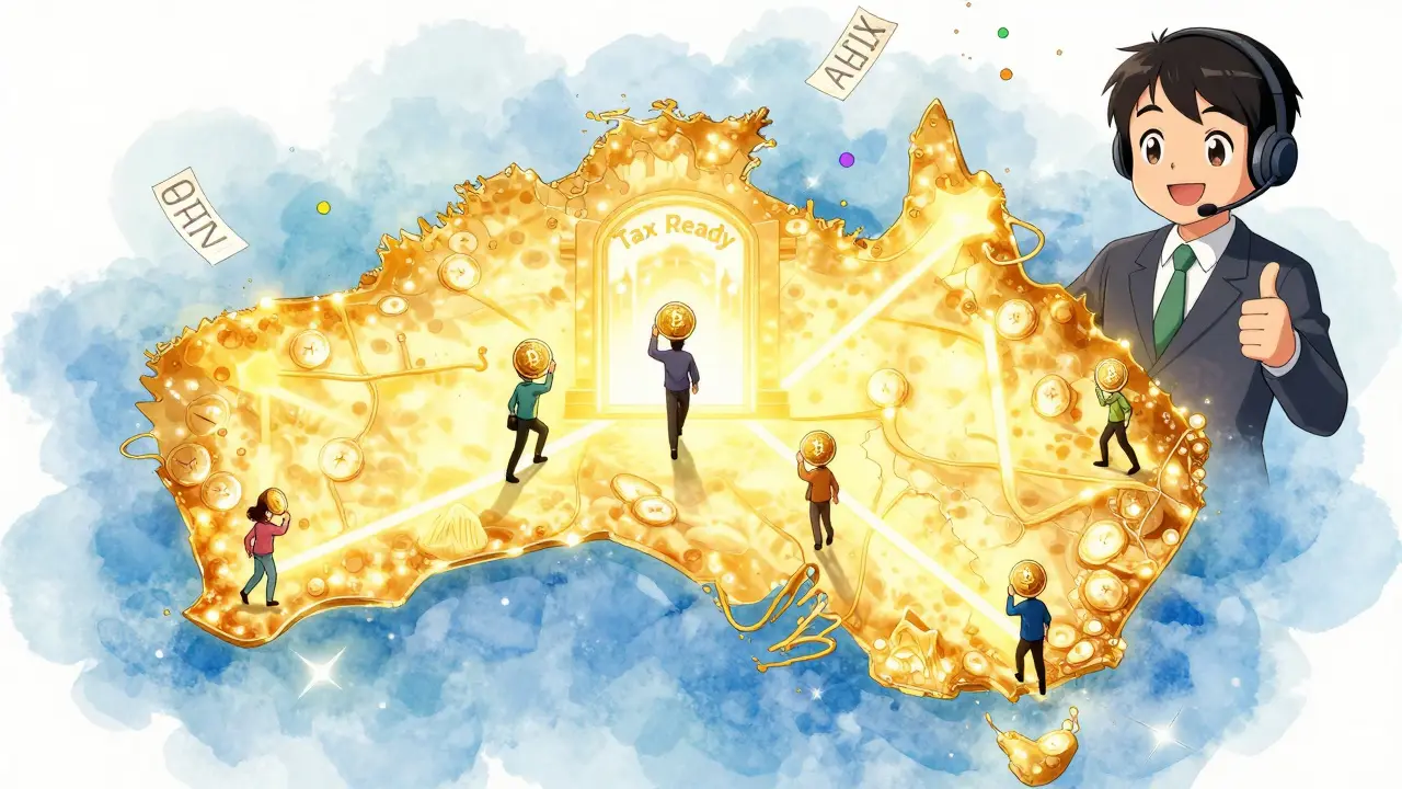 An Australian map with people walking toward a tax-ready portal, supported by a friendly customer service agent.