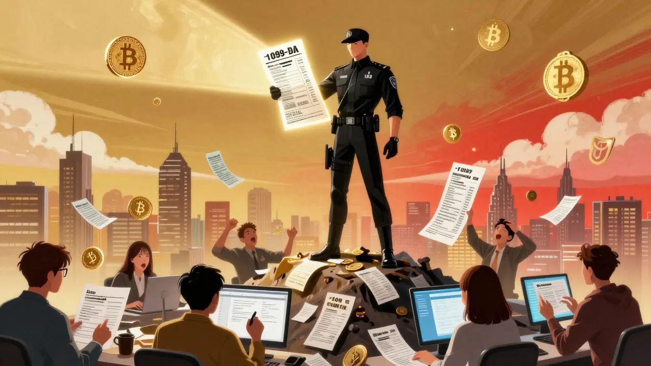 An IRS agent towers over crypto transactions, shining light on users scrambling to file taxes with 1099-DA forms.