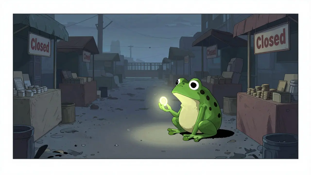 Blue frog alone in deserted trading floor with tokens