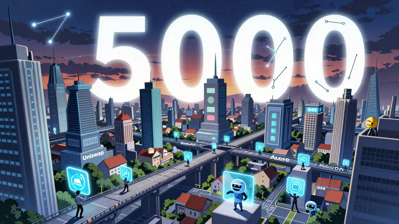 City of decentralized protocols with voting skyscrapers and Soulbound Token shields, manga style.