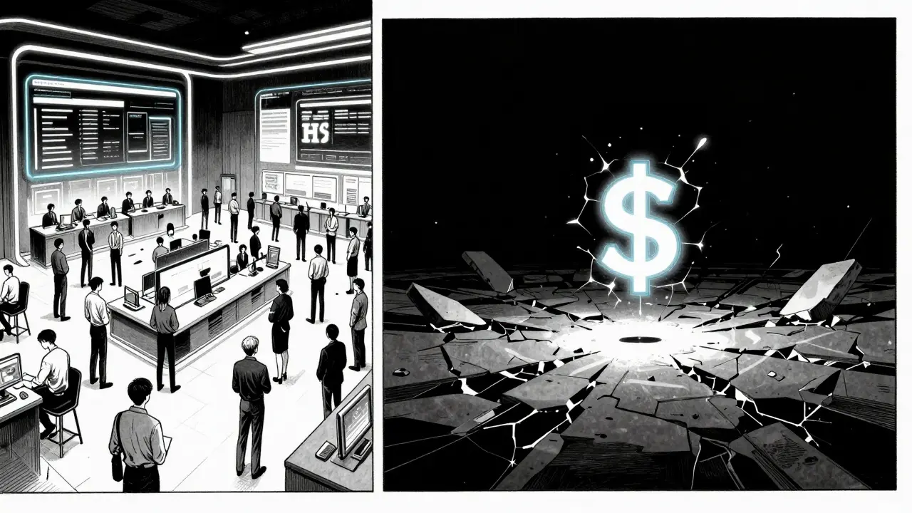 Contrast between a thriving crypto exchange and an empty digital space with only a flickering $H2 token.