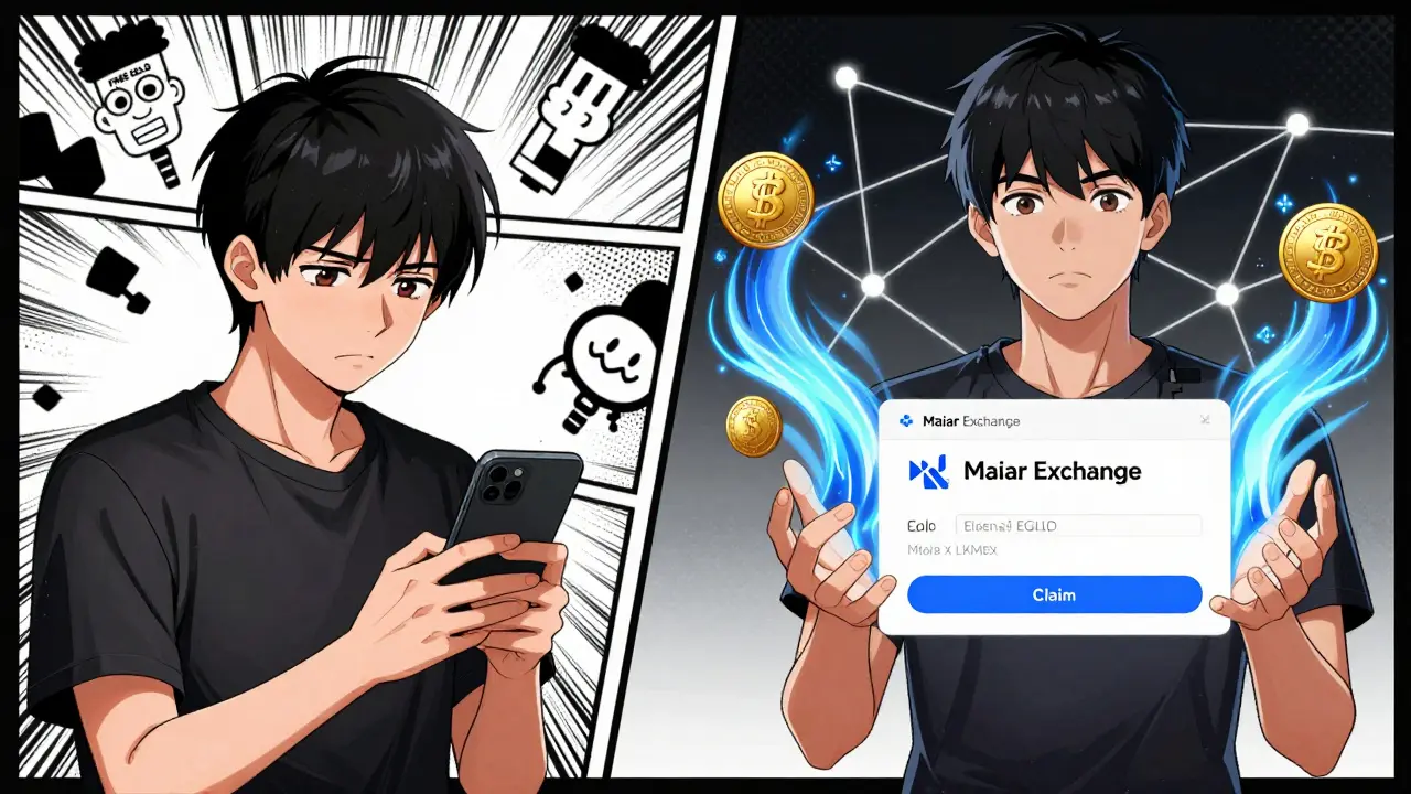 Contrasting scene: one person avoiding a scam link, another confidently claiming EarnDrop rewards on official Maiar Exchange.