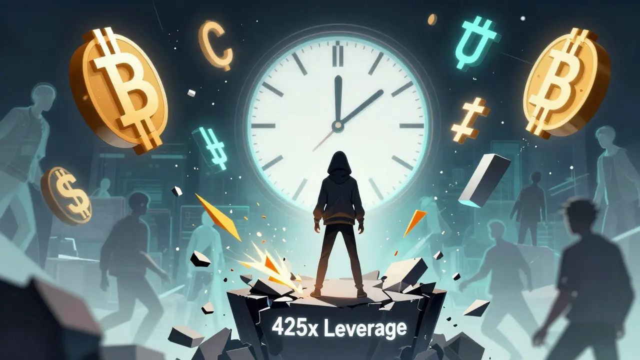Crypto symbols clash in mid-air as a trader stands on a crumbling platform labeled '425x Leverage' with a ticking clock behind.