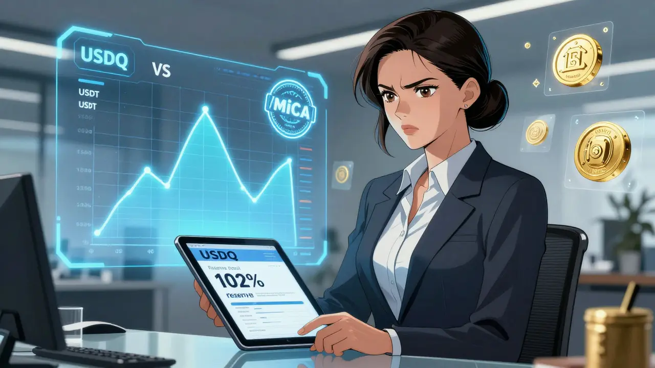 European businesswoman reviewing USDQ reserve report with MiCA compliance chart in hologram