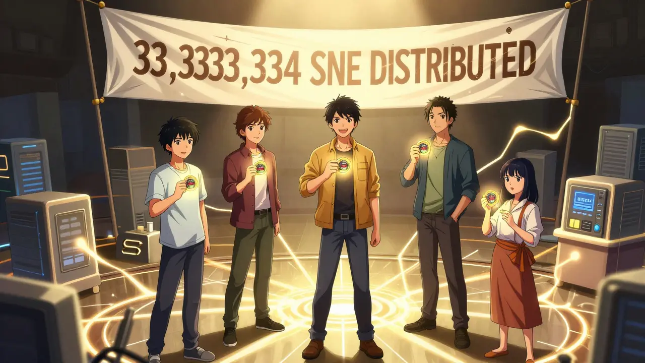 Five diverse people holding glowing SNE tokens as infrastructure connects them in a shared digital space.