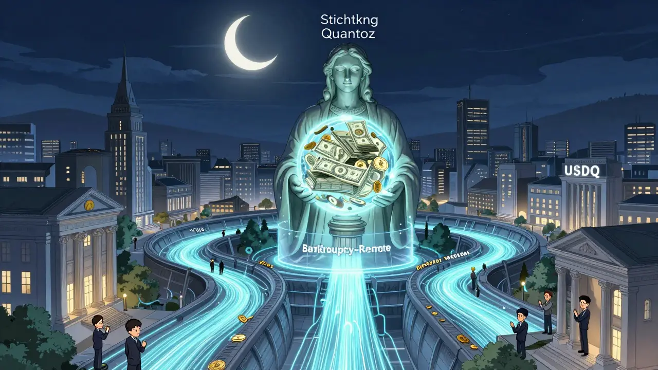 Futuristic European city with USDQ light rivers flowing to Stichting Quantoz foundation under moonlight