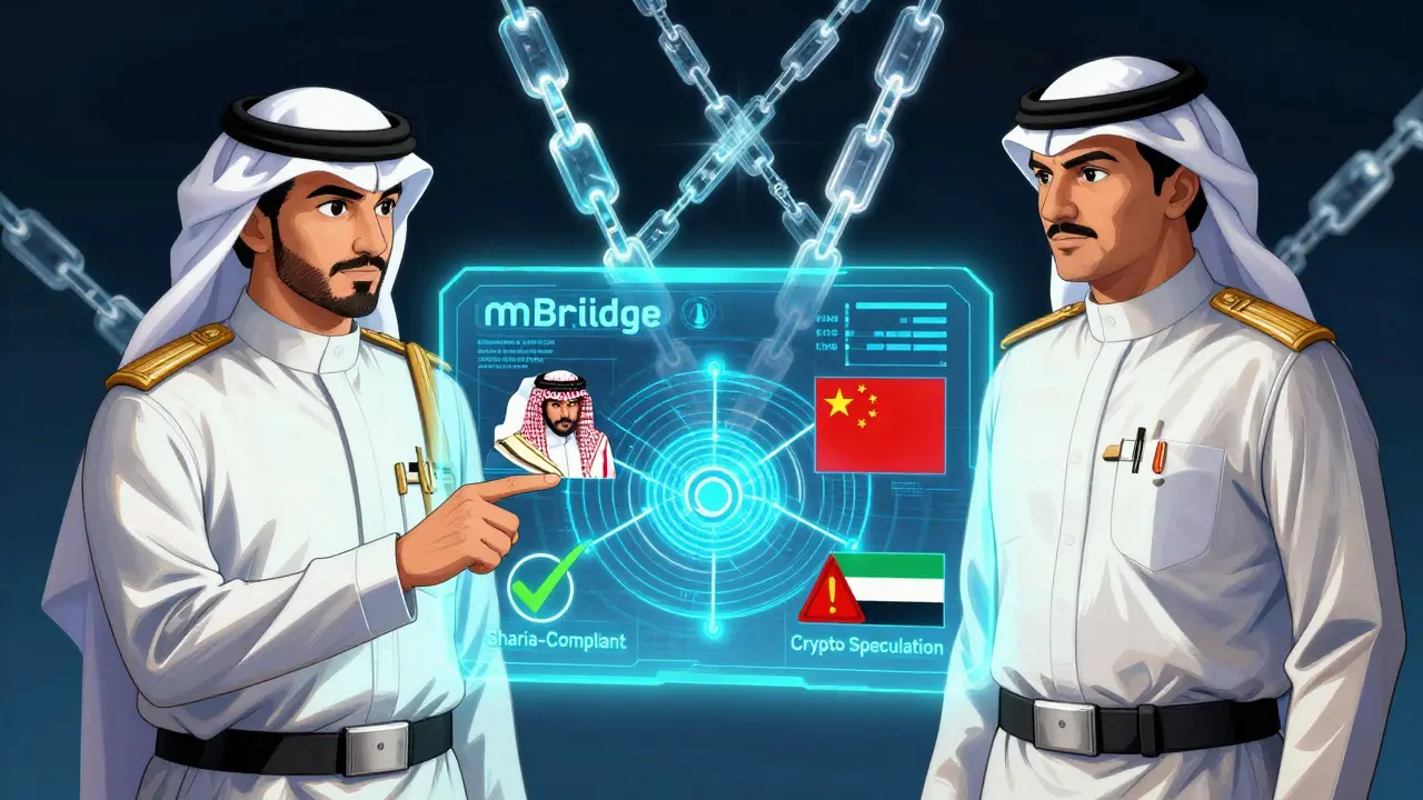 Government officials review a holographic digital currency network connecting Saudi Arabia, China, and UAE.