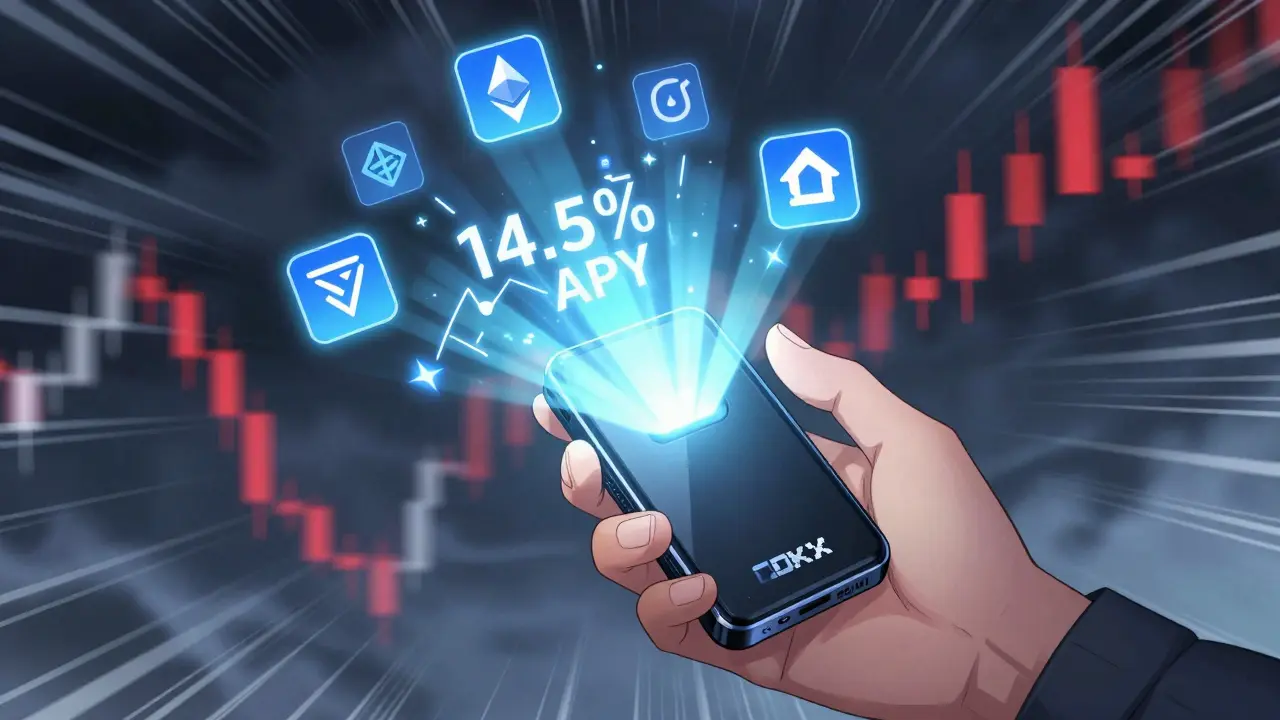 Hand holding glowing Web3 wallet with DeFi icons and 14.5% APY yield beam, amid market chaos, anime style.
