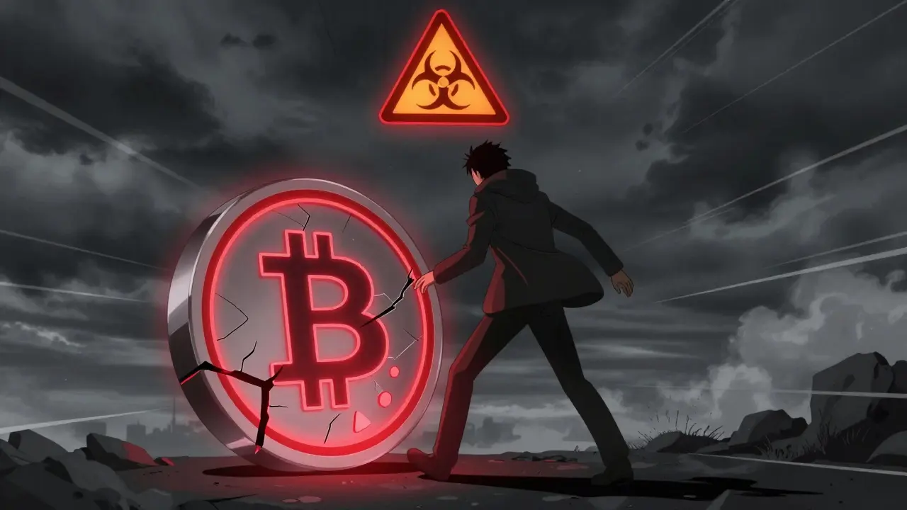 Person stepping away from cracked token with hazard triangle symbol