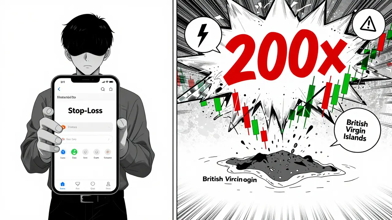 Split manga panel showing calm trading on mobile versus chaotic market volatility with leverage warning symbols.
