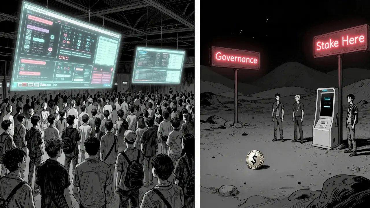 Split scene: busy DeFi market on one side, empty Mars Ecosystem plaza on the other with a lone XMS token.