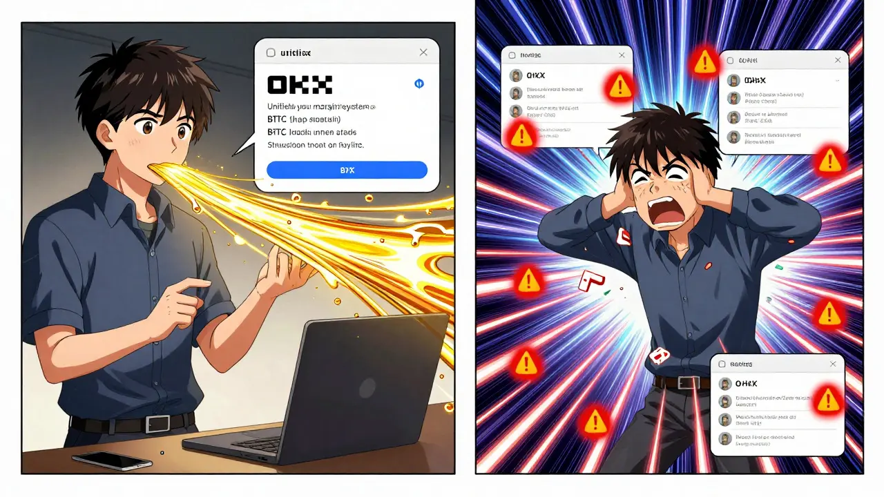 Split scene: one trader using seamless unified margin, another stuck with fragmented accounts, manga style.