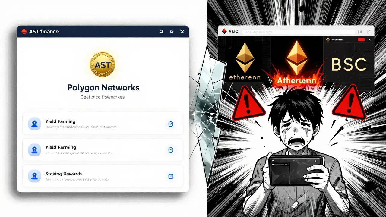Split scene: real AST.finance yield system vs. chaotic fake airdrop site with warning signs.