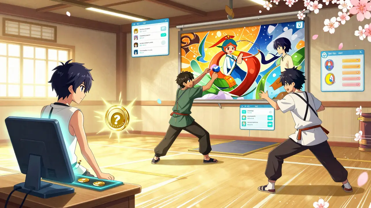 Three characters training in a digital dojo, staking tokens, building NFTs, and using the Metis Bridge.