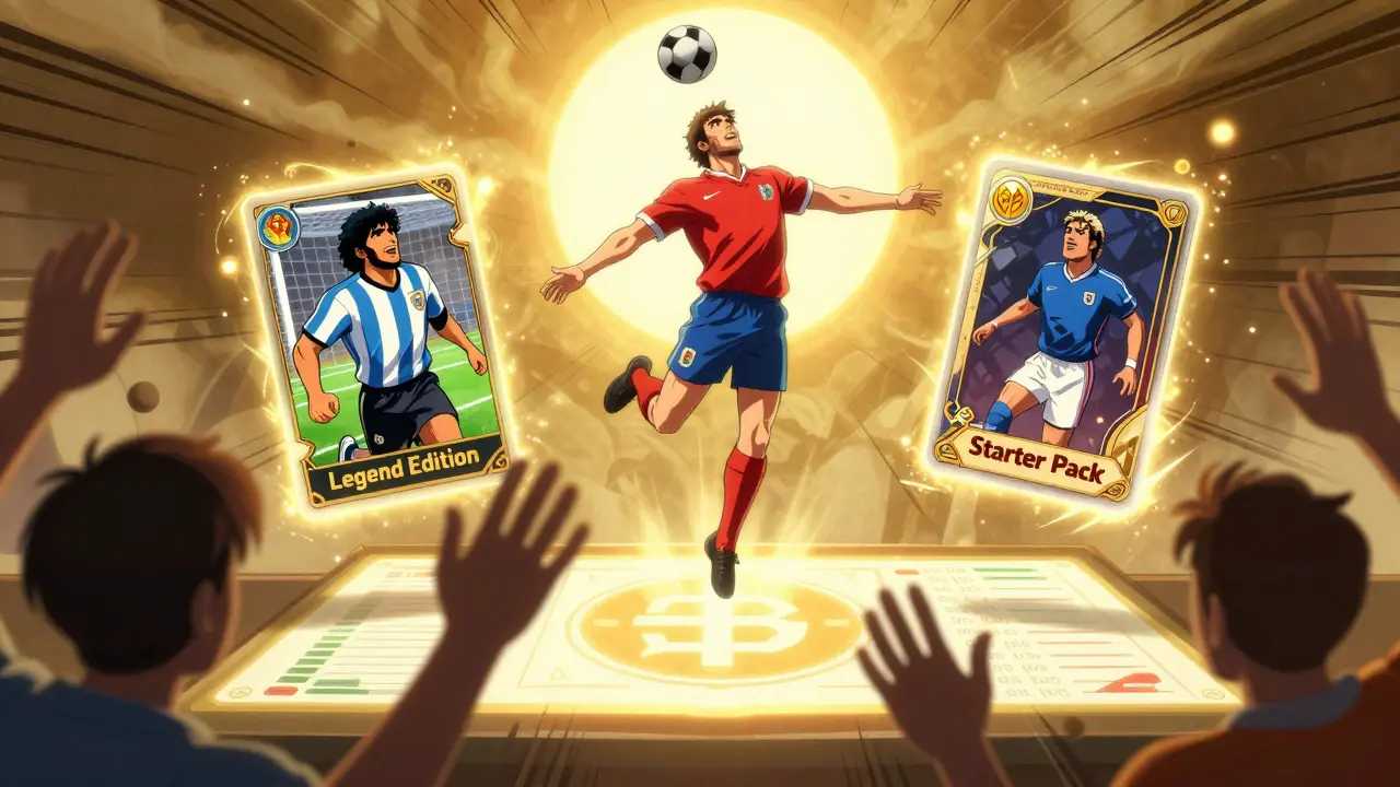 Three rare TopGoal NFTs hovering above a blockchain ledger, with fans reaching toward them, rendered in anime manga style.