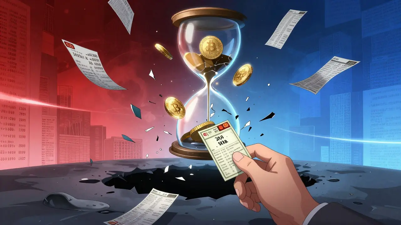 A Bitcoin transaction trapped in a time-loop hourglass as a high-fee replacement breaks through to free it.