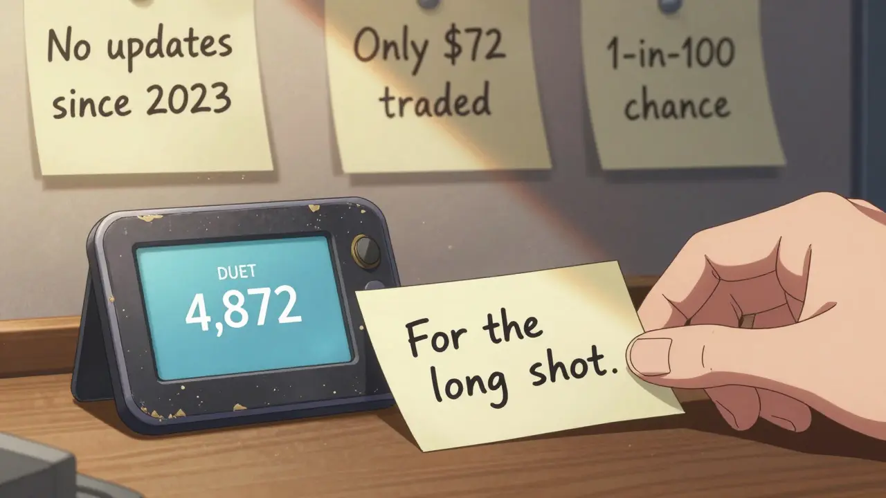 A burner wallet displays 4,872 DUET tokens, with handwritten notes about the project's decline beside it in a sunlit room.