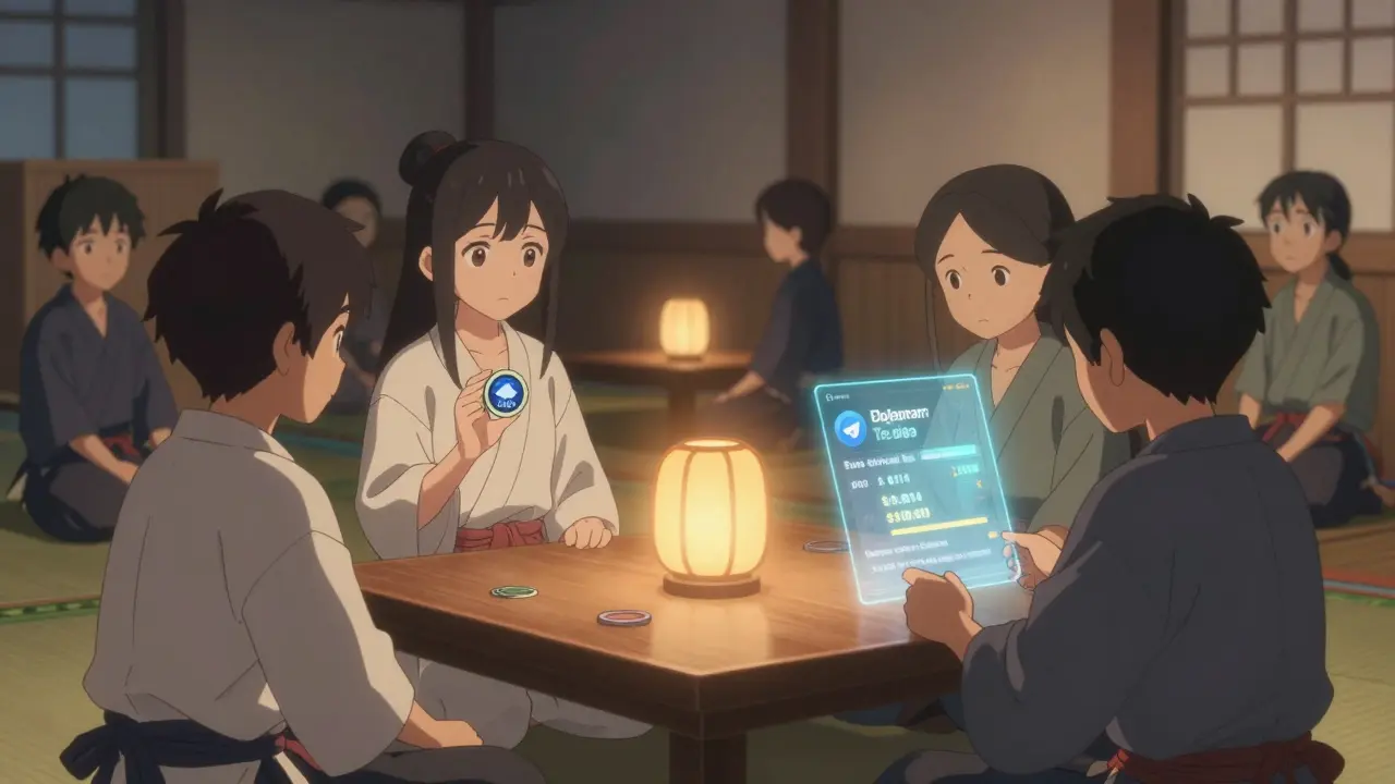 A community of avatars gathered around a holographic Telegram notification in a serene digital space.