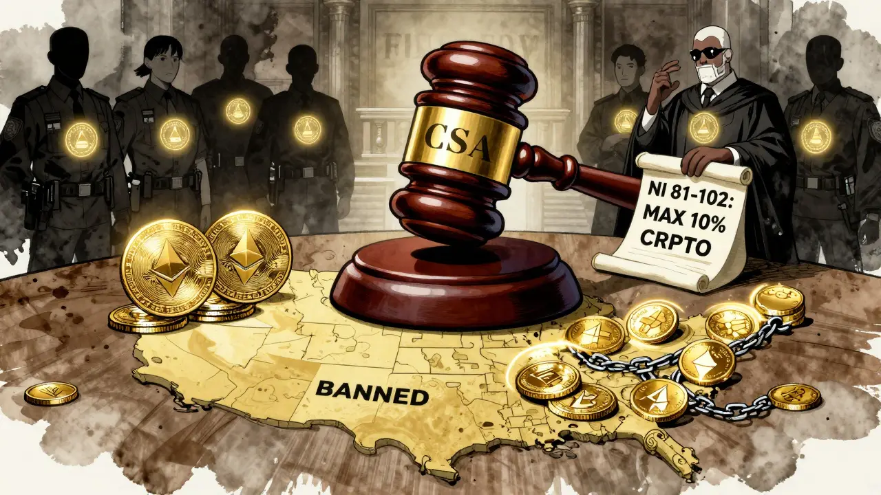 A courtroom where Bitcoin and Ethereum face off against banned meme coins under a CSA judge with blockchain robes.