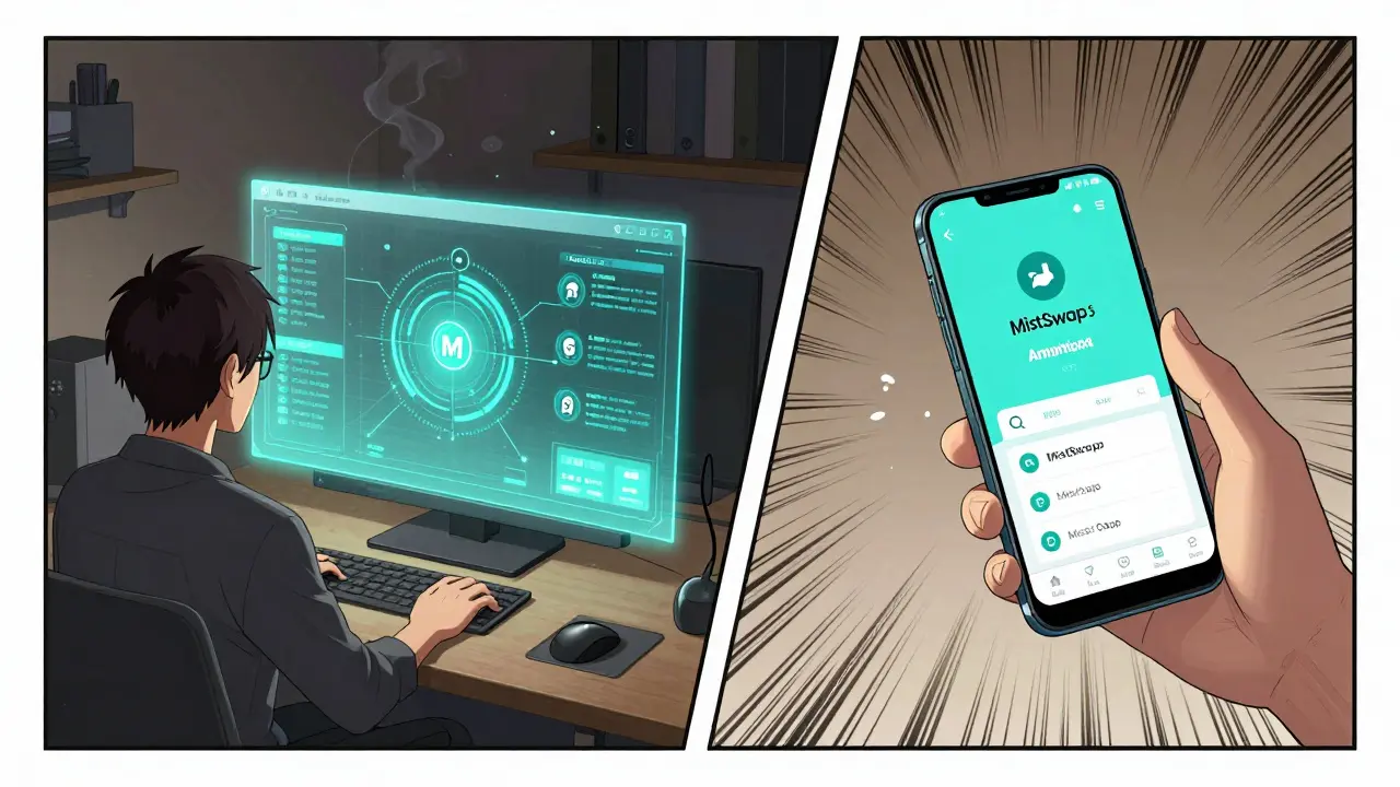 A developer integrating MistSwap into an app while a mobile user swaps tokens on a smartphone.