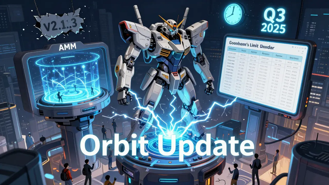 A futuristic mech with AMM and order book arms stands on Moonbeam’s blockchain tower, lightning from Polkadot connecting as a clock ticks to 2025.
