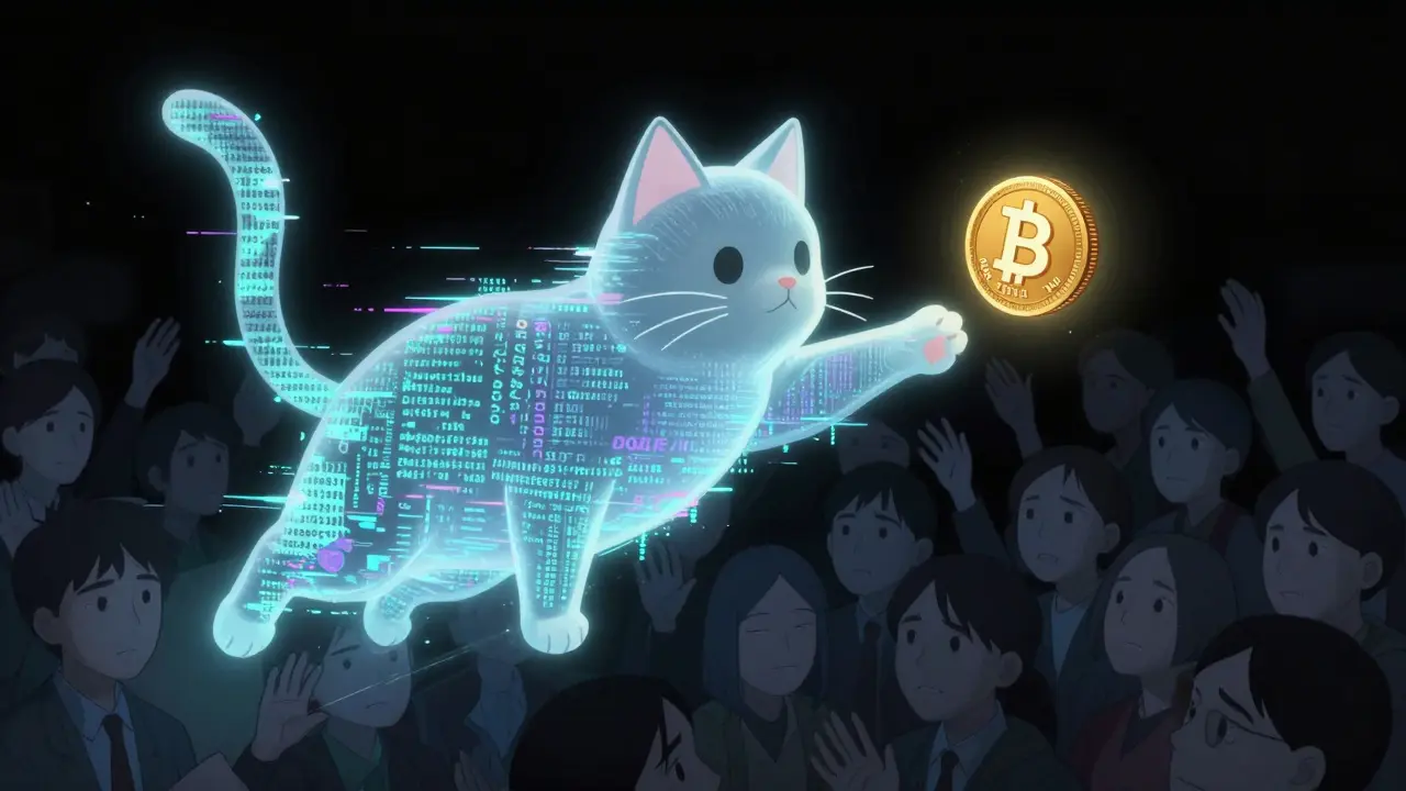 A glitching ghost cat made of blockchain code reaching toward other meme coins while faceless traders reach into darkness.