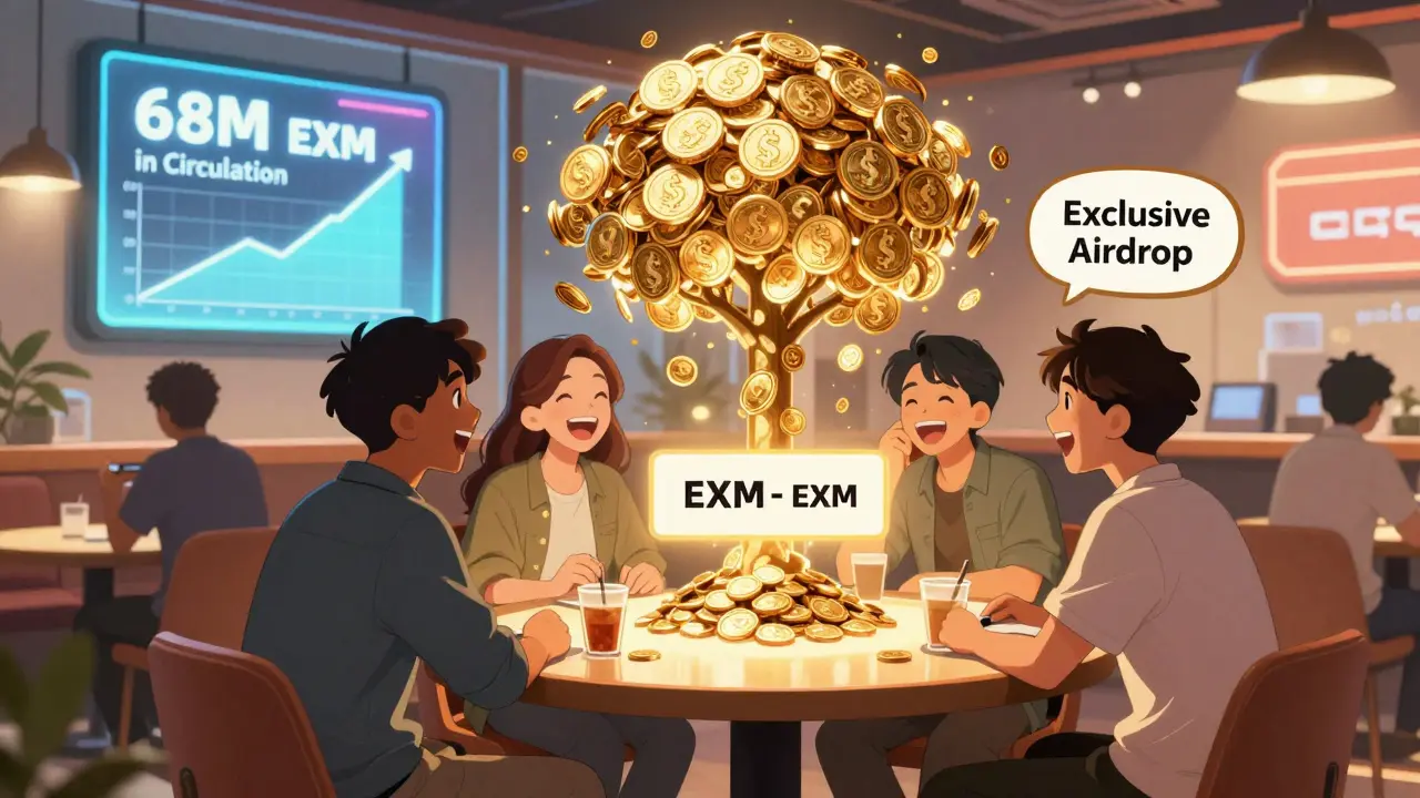 A group of traders in a neon-lit lounge watching their EXM tokens grow into a digital tree with reward notifications.