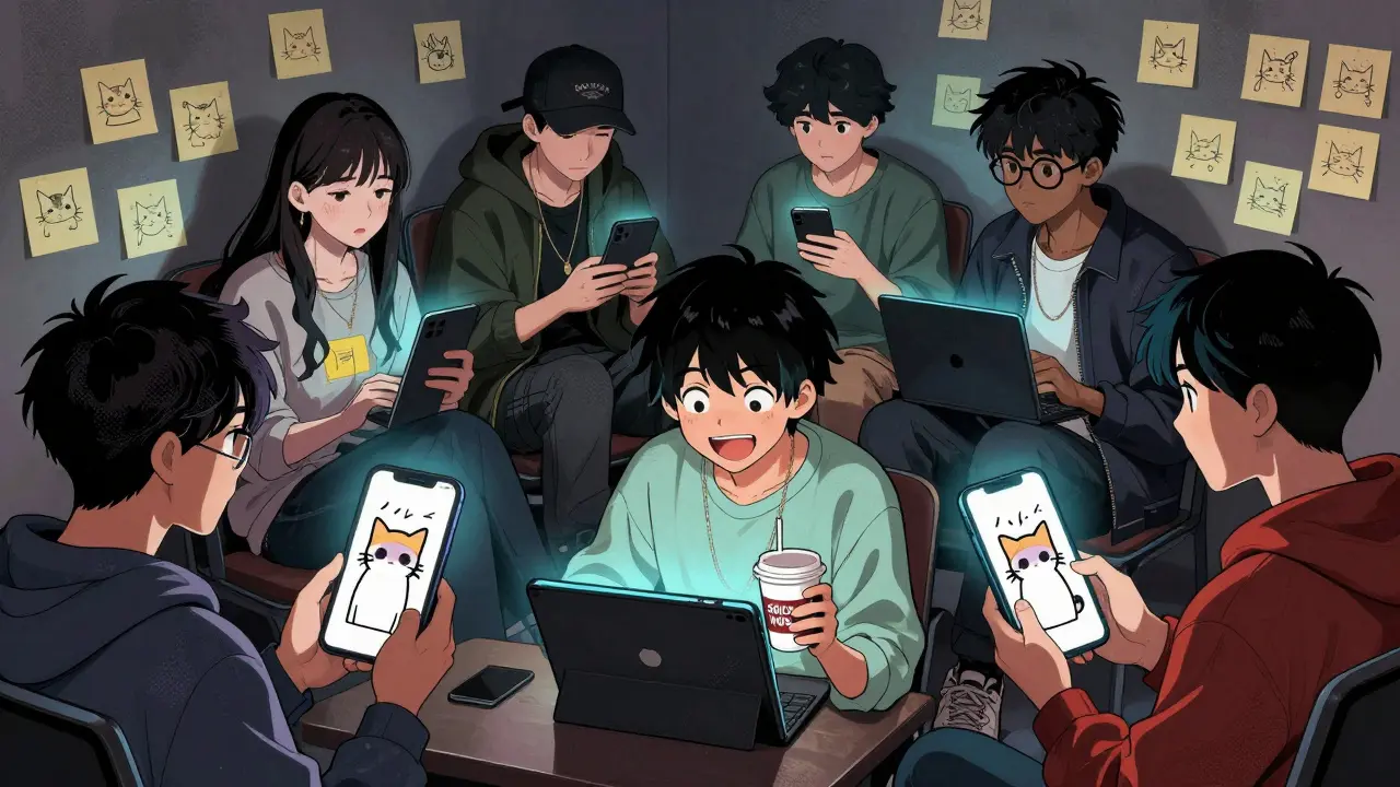 A group of young people laughing while viewing Ski Mask Cat memes on their devices.