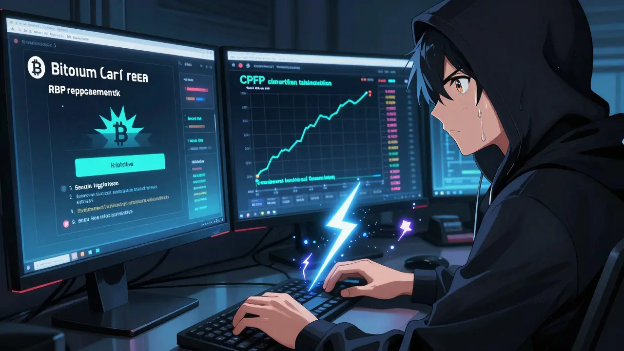 A hacker at a glowing desk using three wallets to fix a stuck Bitcoin transaction with RBF and CPFP methods.