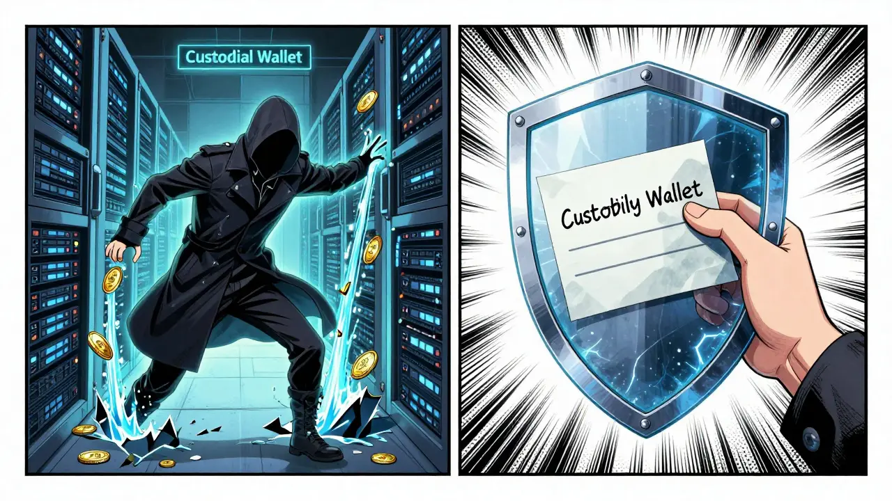 A hacker breaches a server farm while a user is shielded by encrypted protection, contrasting custodial and non-custodial security.