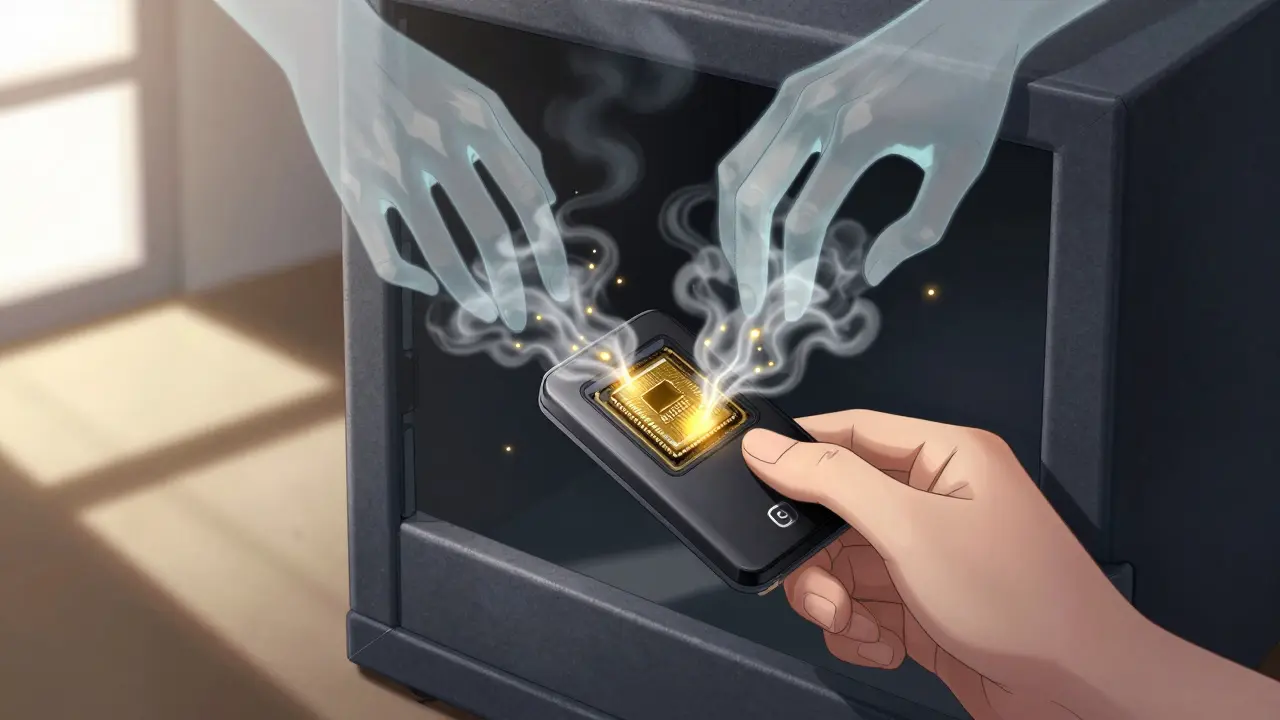 A hardware wallet is secured in a fireproof safe as digital ghost hands dissolve upon contact with the encrypted device.