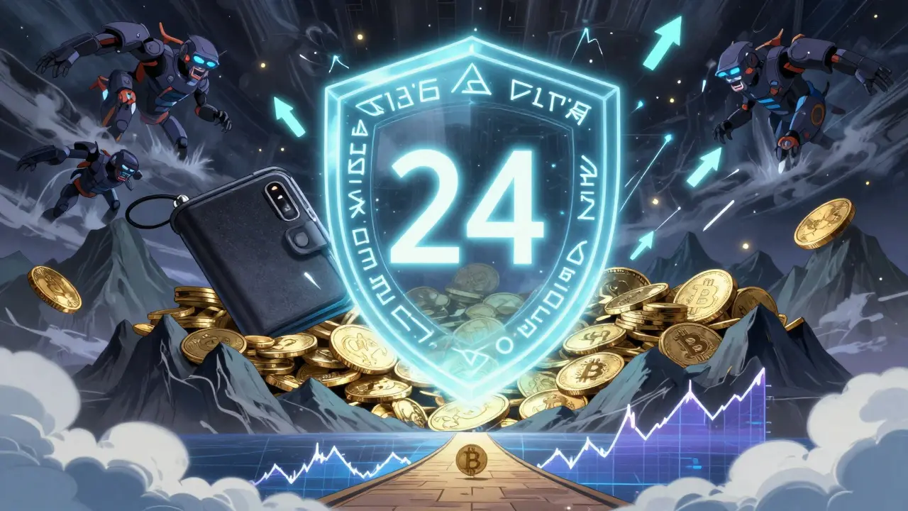 A hardware wallet protected by a recovery phrase shield withstands crashing trading bots and leverage arrows under moonlight.