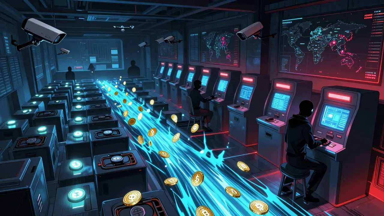 A hidden crypto exchange with USDT flows and surveillance drones monitoring global money movements.