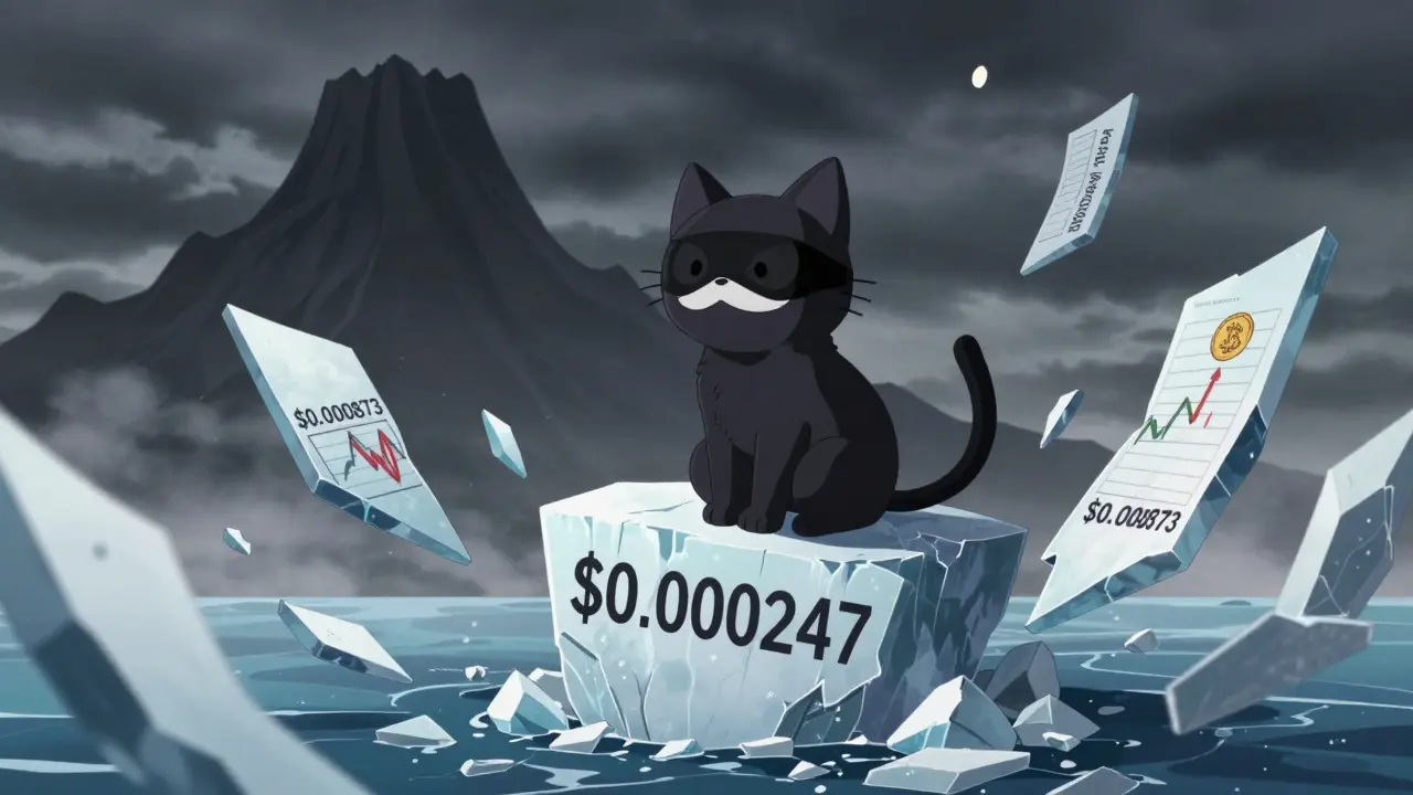 A ski mask cat sitting on a crumbling iceberg labeled with a low crypto price.