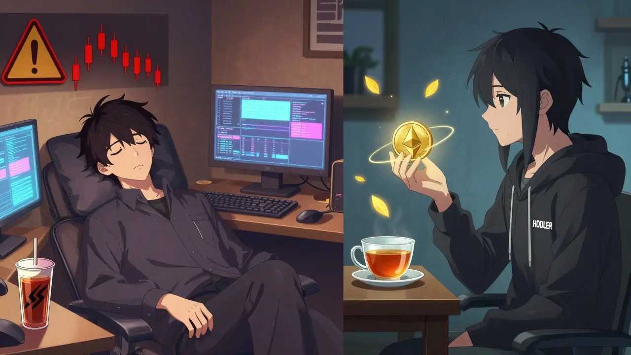 A stressed trader surrounded by screens contrasts with a serene HODLer enjoying tea as Ethereum glows above them.