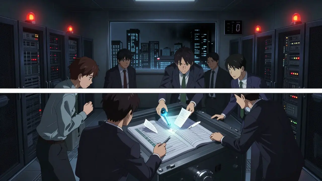 A team performs a disaster recovery drill using physical encrypted shards and a key device, with emergency lights and blackout city skyline in background.