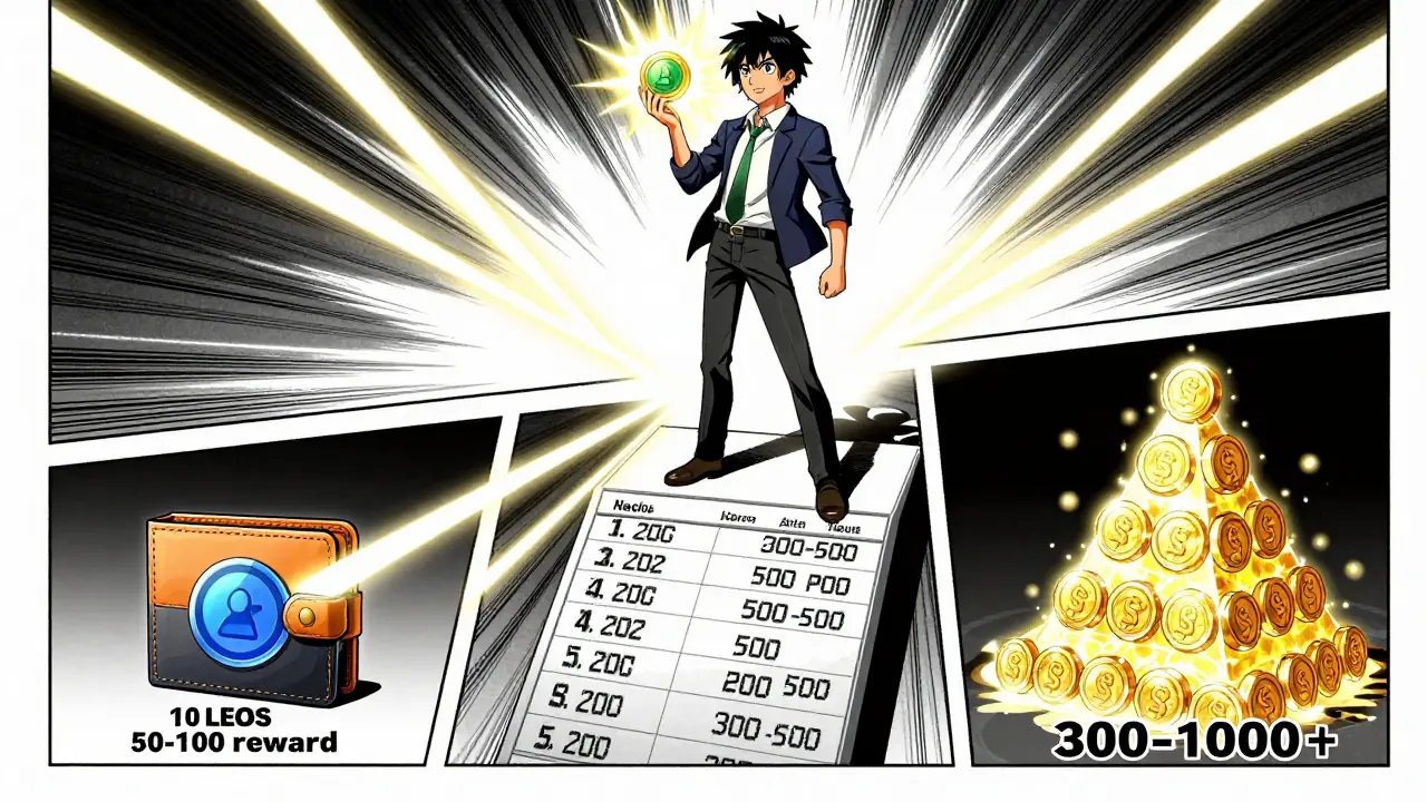 A trader standing on a ledger with three reward zones representing different LEOS airdrop tiers.