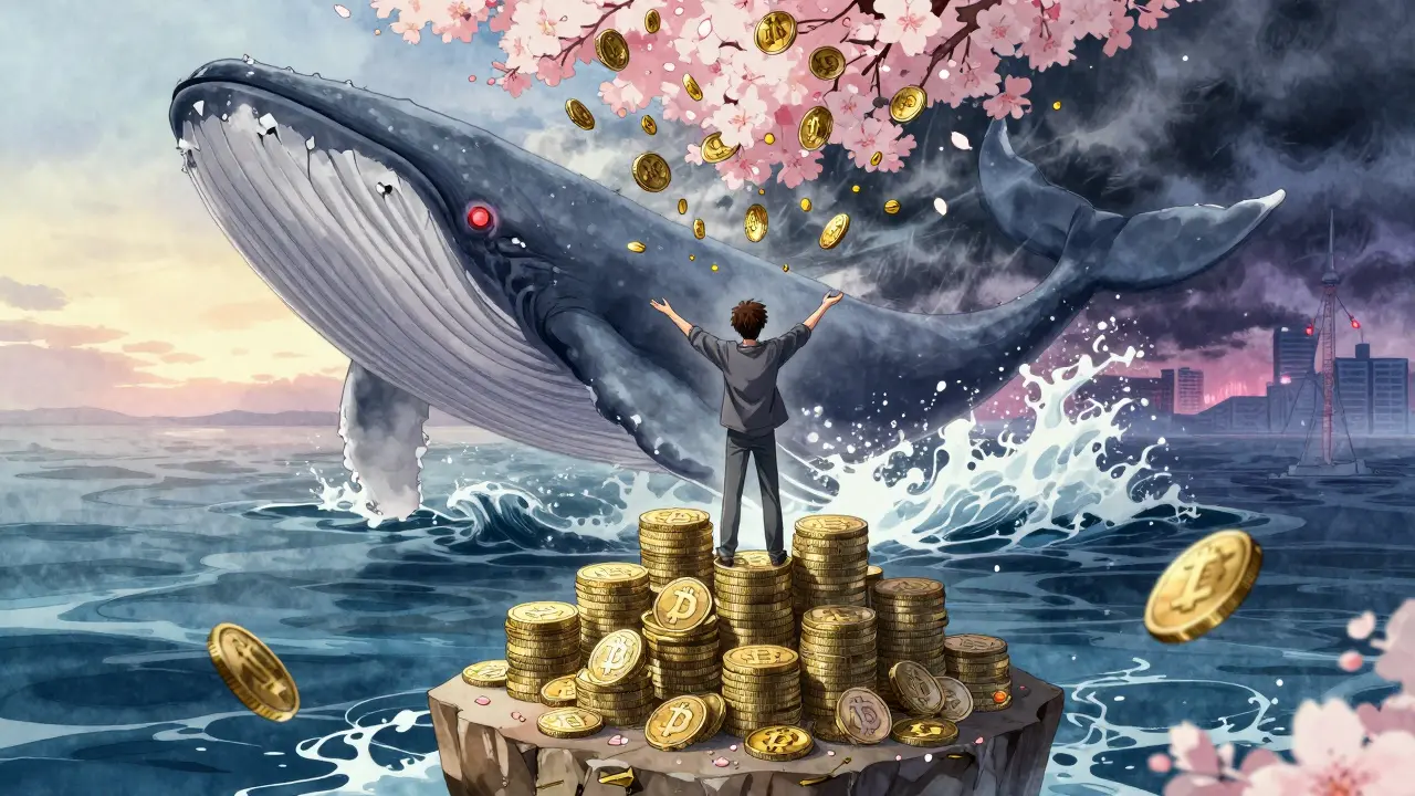 A trader surrounded by falling MJT tokens while a digital whale drains liquidity, set in a dual-day-night manga landscape.