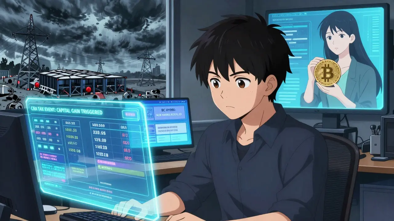 A young crypto trader surrounded by holograms of taxes, mining blocks, and provincial approvals under dramatic lighting.