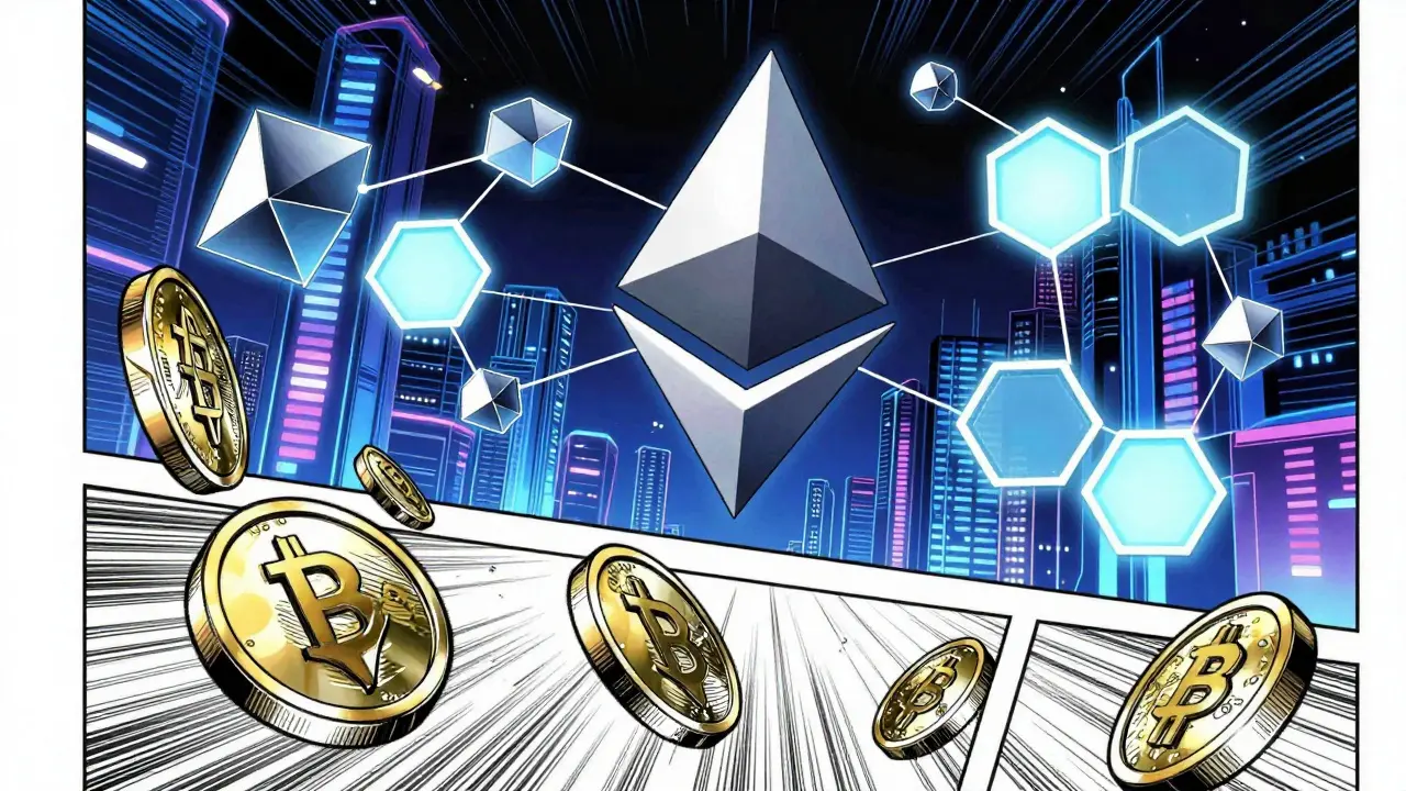 Abstract digital tokens spinning in a blockchain network.