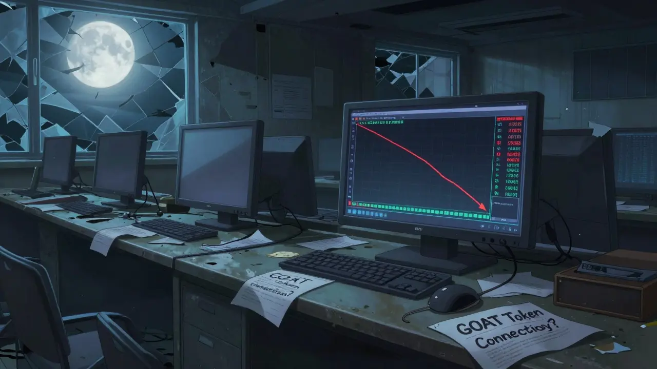 An abandoned crypto trading floor with a crashing price chart and scattered notes about GOAT Token and BC.Game.