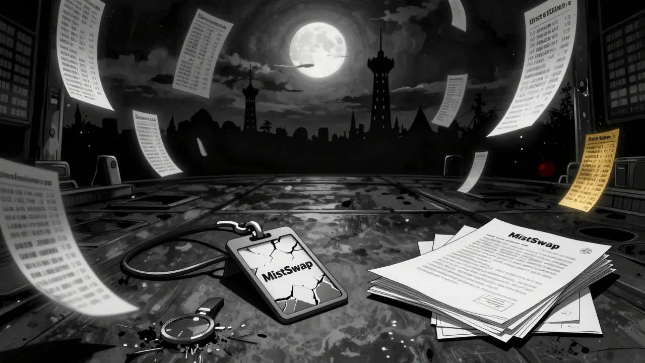 An empty trading floor with fading transaction logs and a cracked MistSwap badge under moonlight.