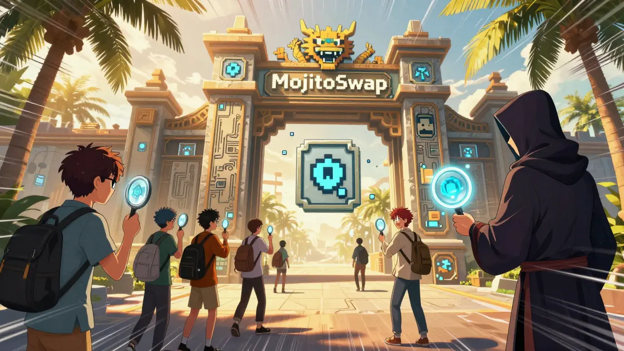 An NFT marketplace gate with Pikaster collectibles floating above users, rendered in warm manga lighting with anime-style detail.