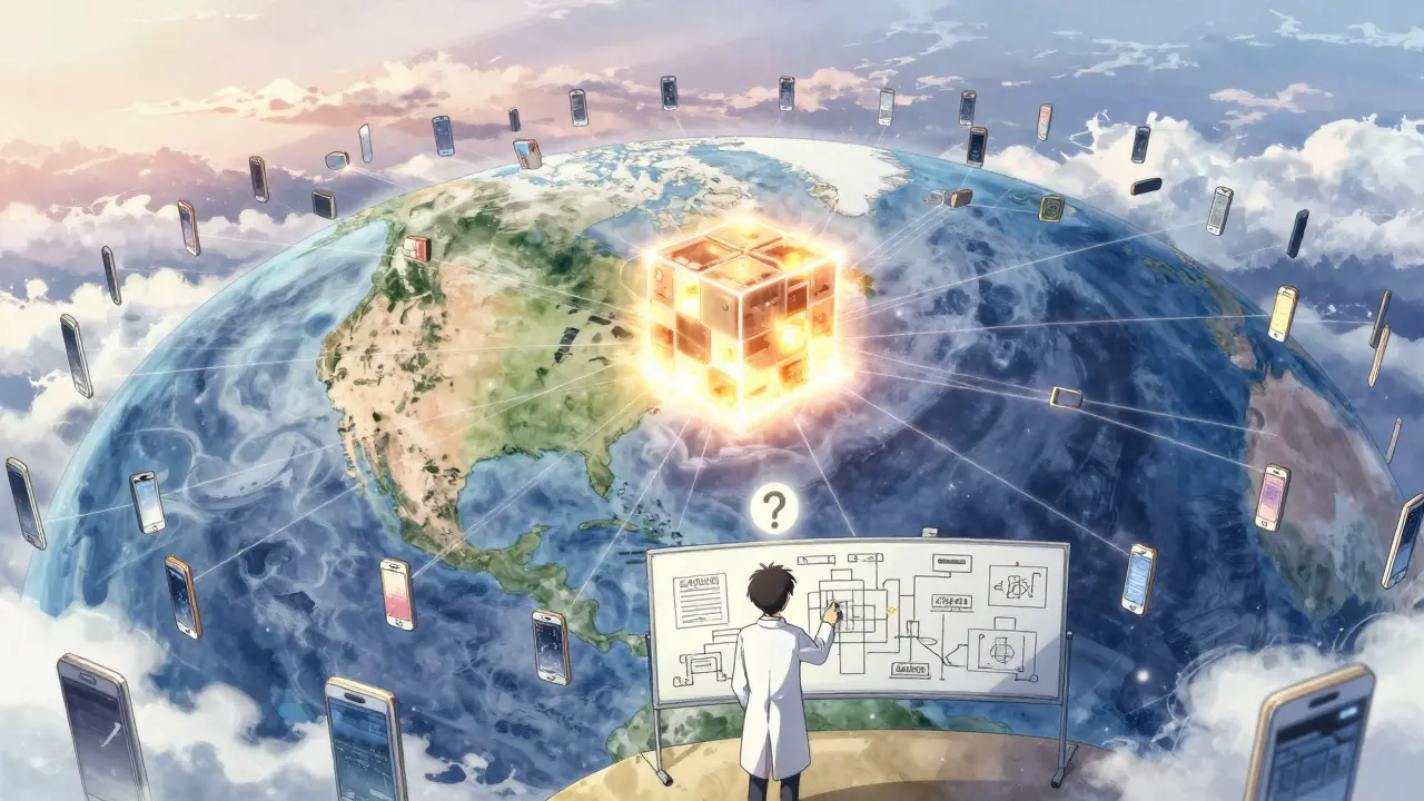 Billions of smartphones orbiting Earth connected by light to a central blockchain node, with a developer studying schematics on a whiteboard.