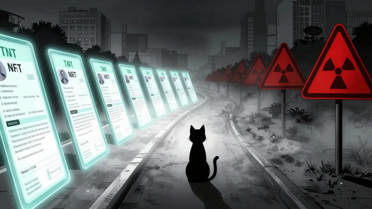 Cat silhouette at a forked path with digital records and hazards.