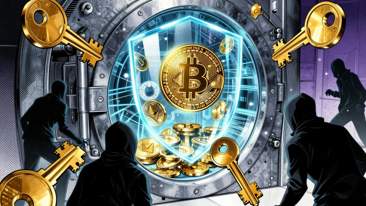 Crypto vault protected by shield and security keys.