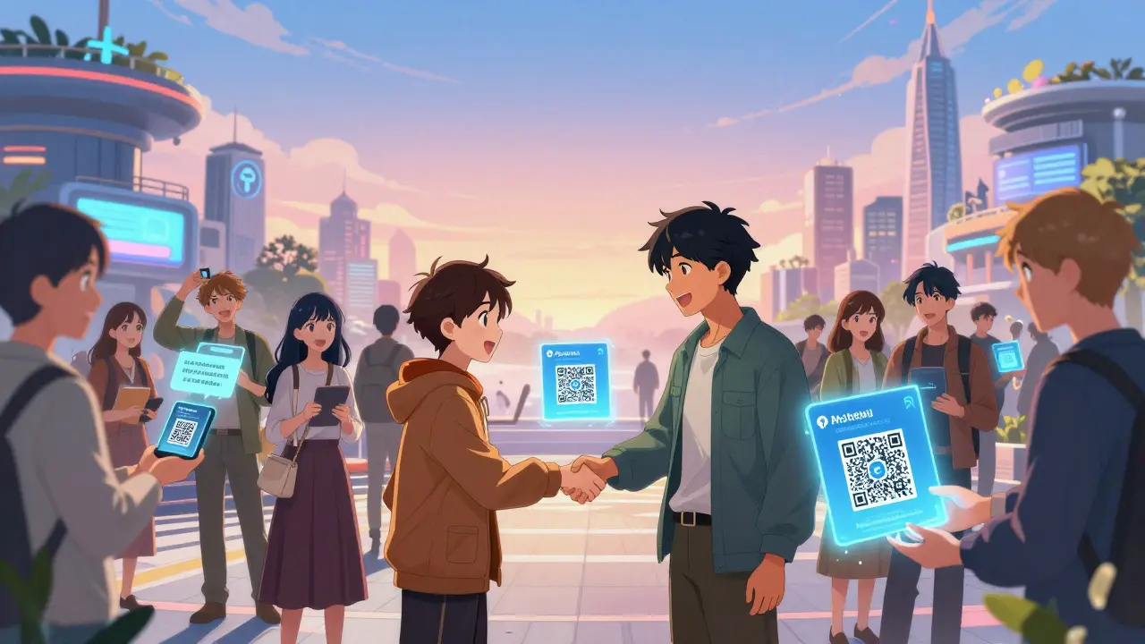 Diverse group exchanging ASK tokens in a digital plaza with floating rewards