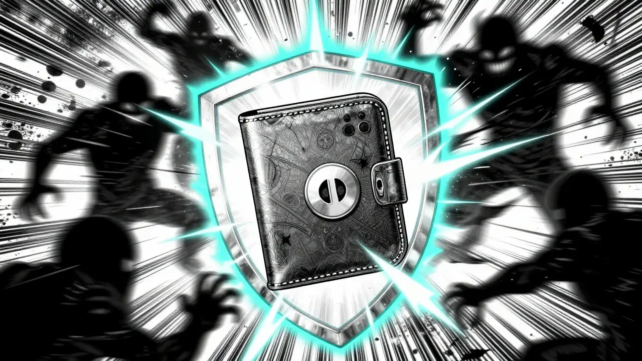 Energy shield protecting a wallet from shadowy digital threats.