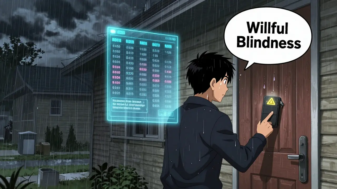 FBI agents knocking on a door as a homeowner holds a glowing hardware wallet with transaction history visible.