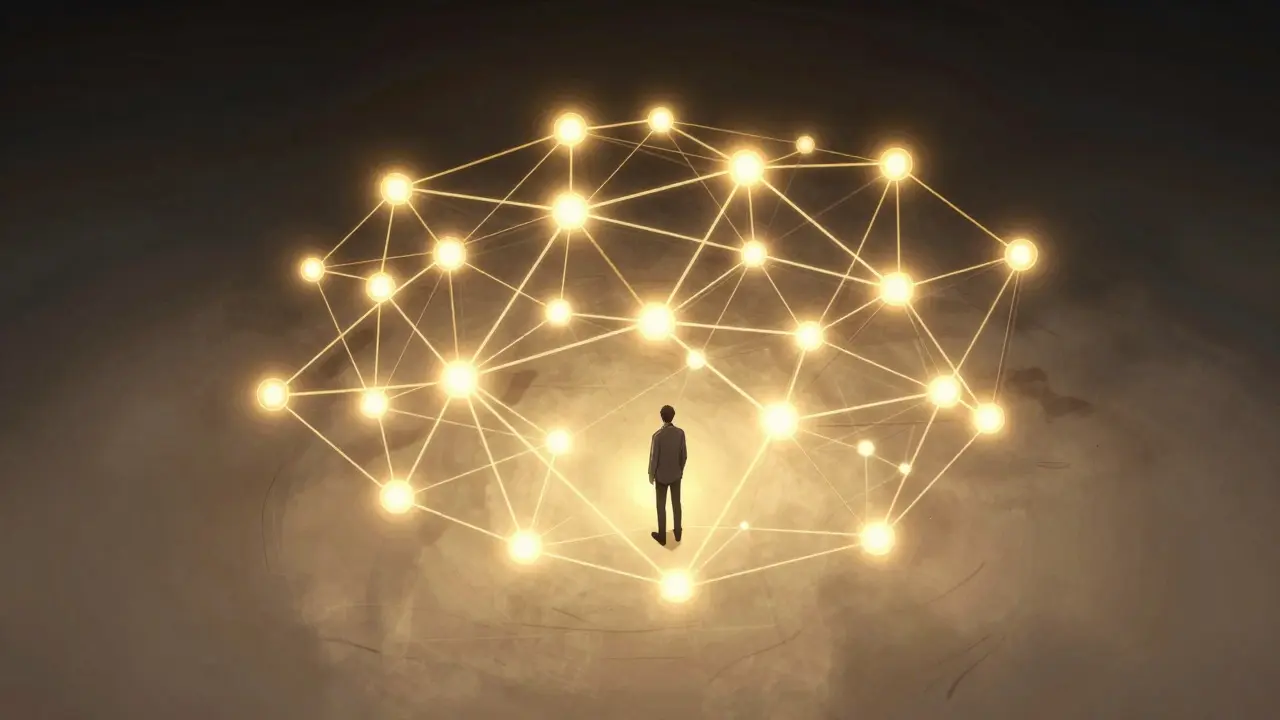 Futuristic blockchain network nodes connecting with golden light.